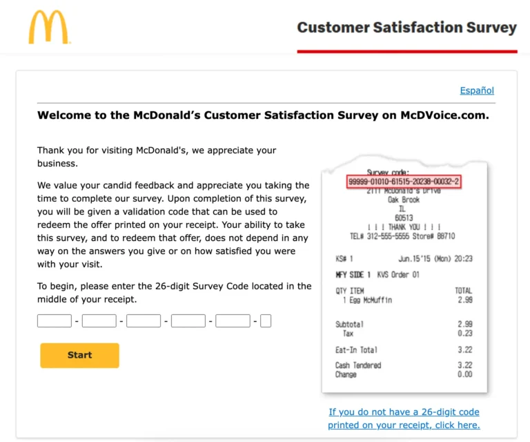 McDVOICE survey page showing the 26-digit survey code fields and the Start button