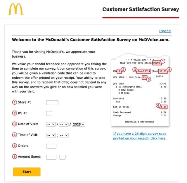 official www.mcdvoice.com survey page with Store numberKS numberDate of visitTime of visitOrder numberAmount spent if you have not the 26 digit code. enter these details