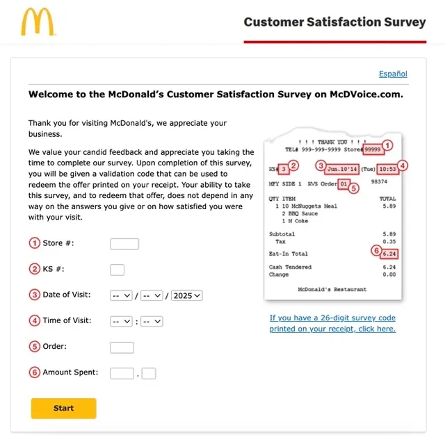 official www.mcdvoice.com survey page with Store numberKS numberDate of visitTime of visitOrder numberAmount spent if you have not the 26 digit code. enter these details