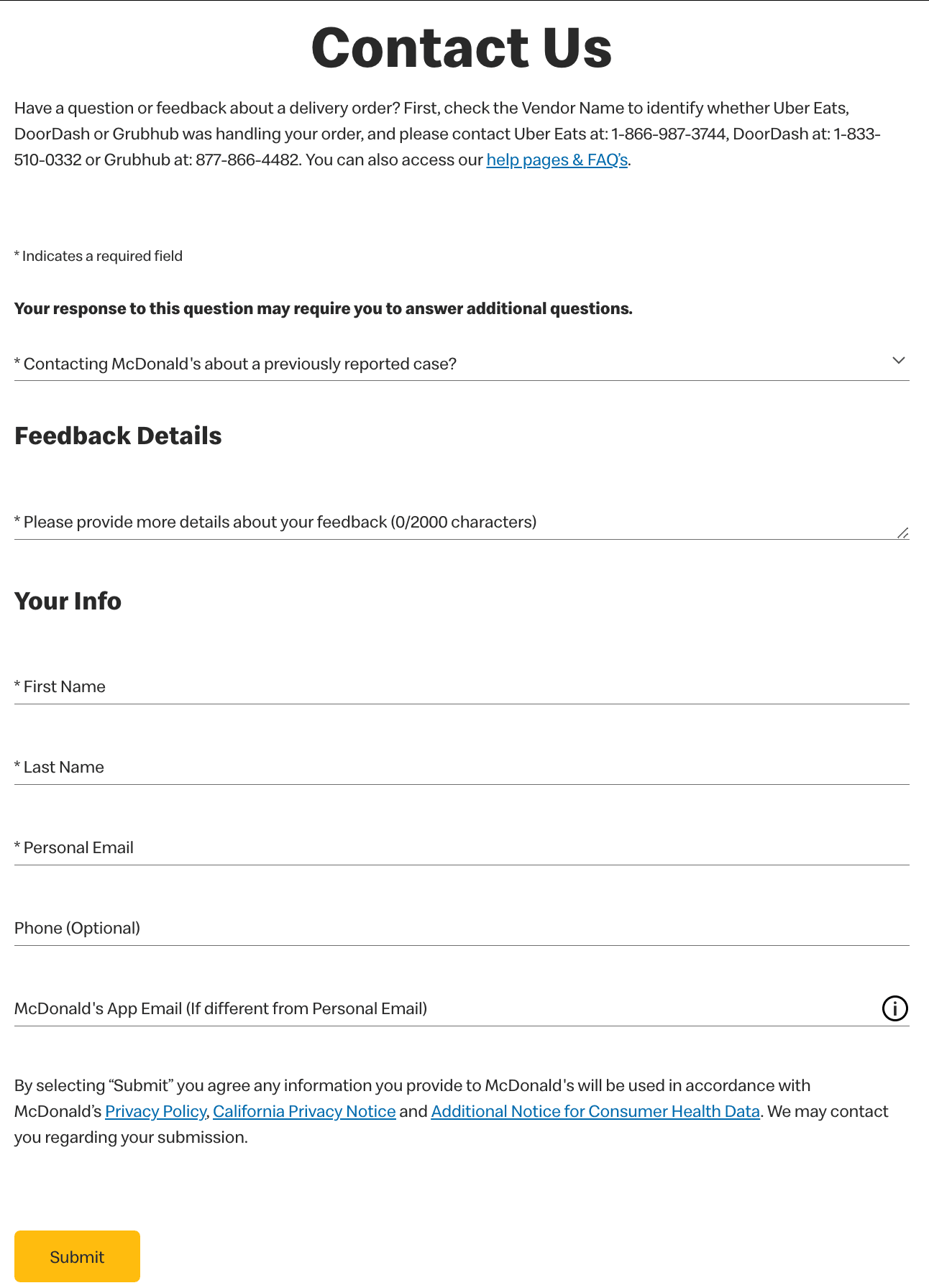 McDonald's official customer service contact form