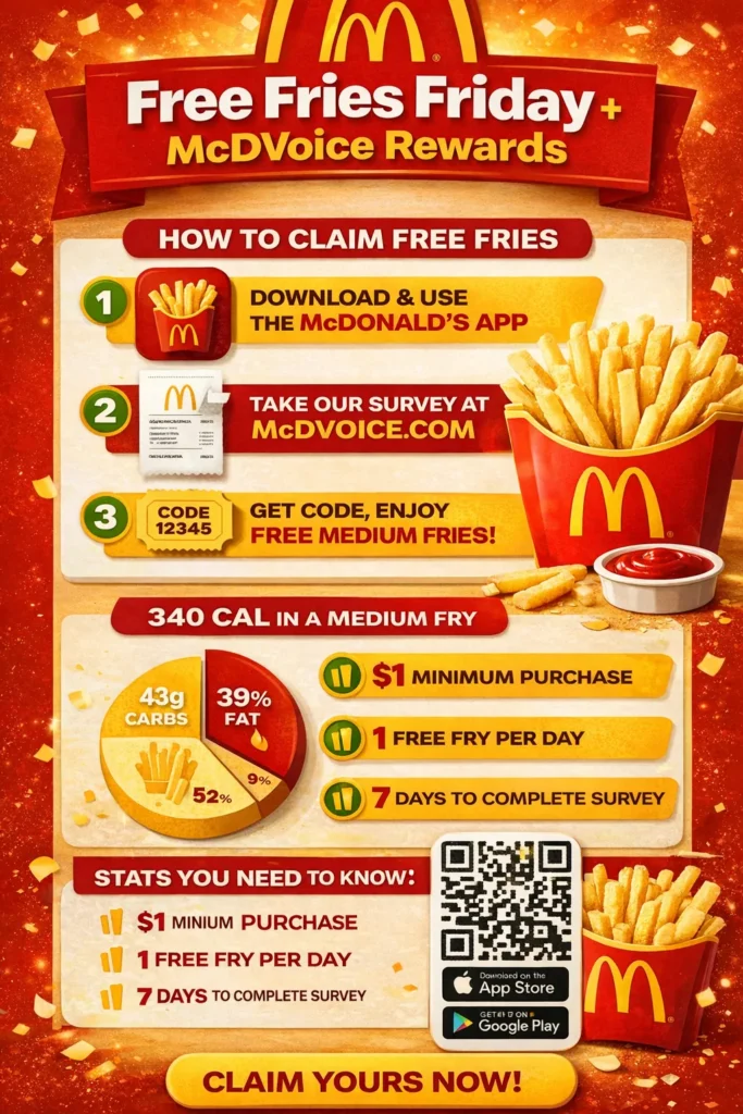 mcdvoice free fries calories , price and how to redeem it using Mcdonald's App.