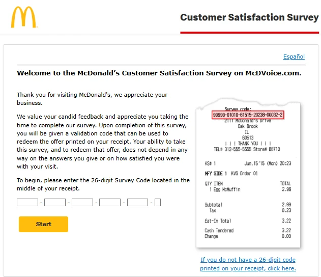 McDVOICE.com entry page asking for the 26-digit survey code, with a sample receipt and a link for receipts without the code